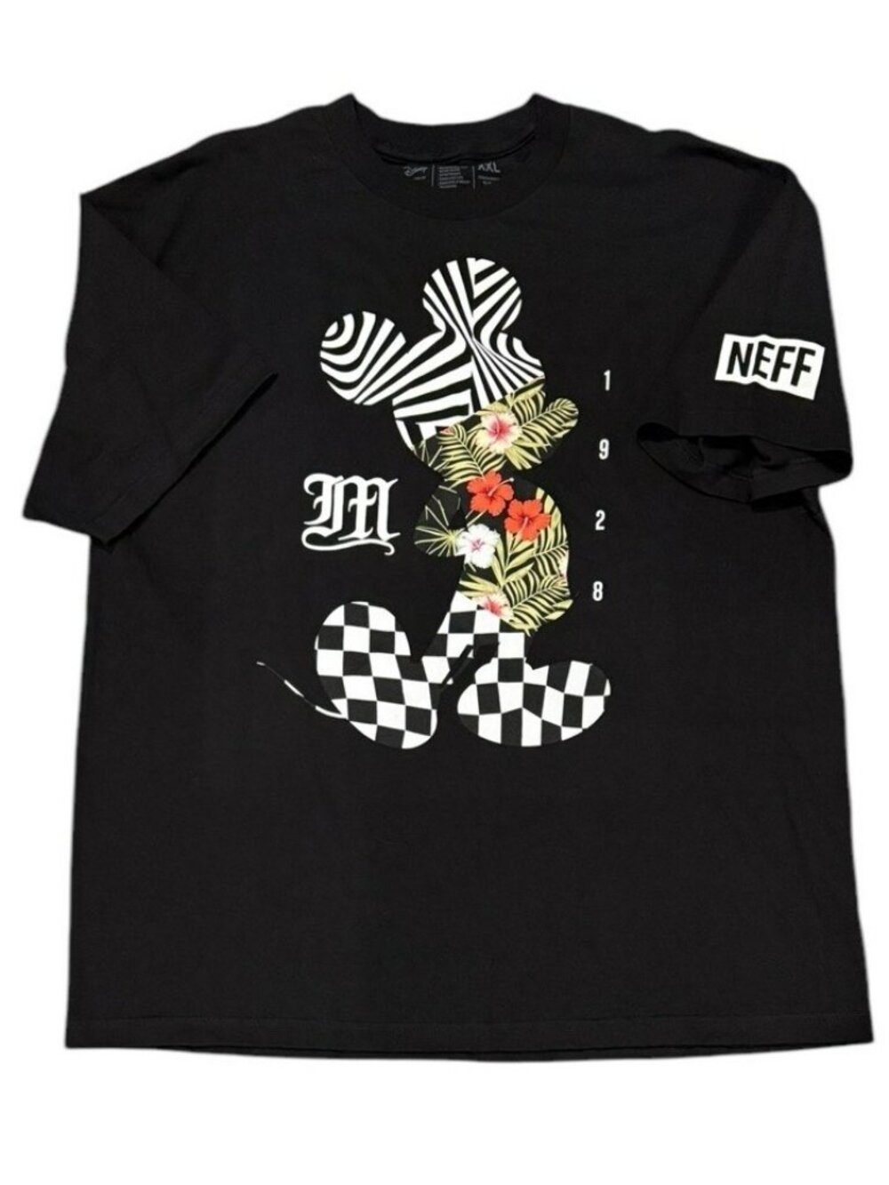 Disney x NEFF Mickey Mouse Graphic T-Shirt Tee Black XXL 2XL Floral Checkered